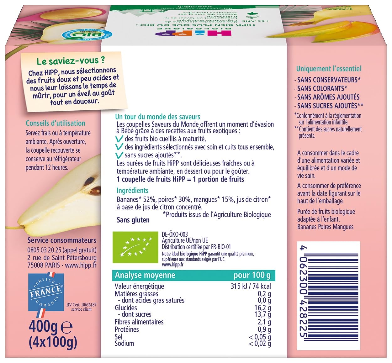 hipp-saveurs-du-monde-bananes-poires-mangues-bio-4-coupelles-x-100g image 2