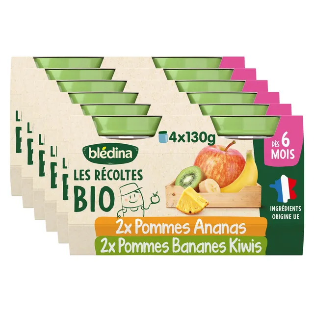bl-dina-les-r-coltes-bio-pommes-ananas-pommes-bananes-kiwis-d-s-6-mois-4x130-g-l image 1