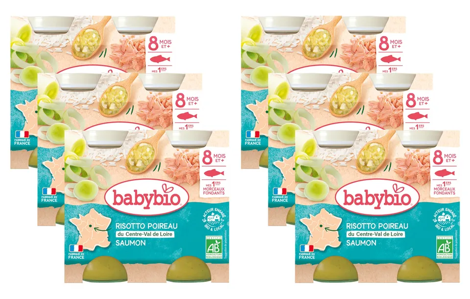 babybio-petits-pots-risotto-poireau-saumon-avec-morceaux-2x200-g-d-s-8-mois-bio- image 1