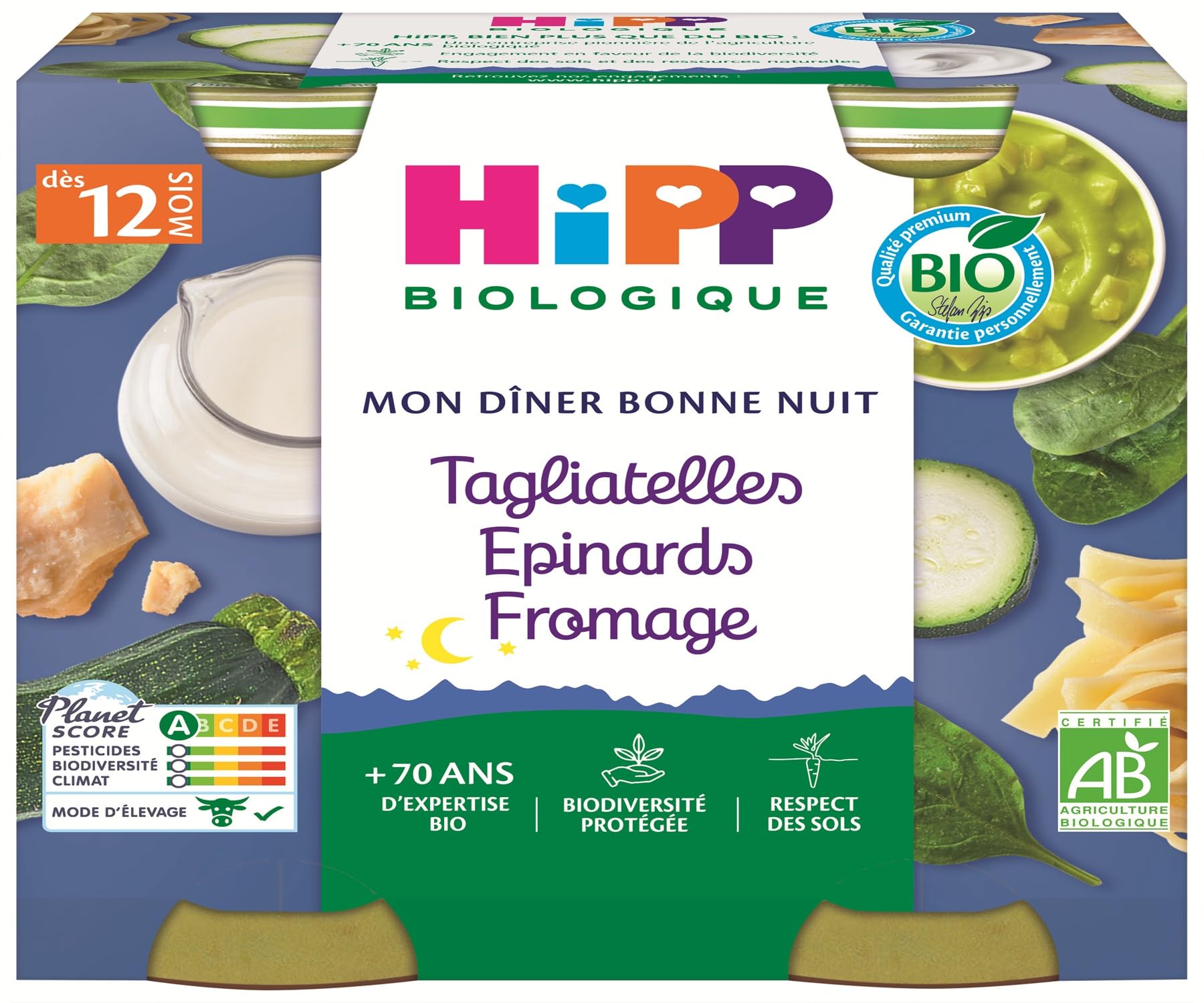 hipp-mon-d-ner-bonne-nuit-tagliatelles-pinards-fromage-bio-pots-2x250g-lot-de-6 image 3