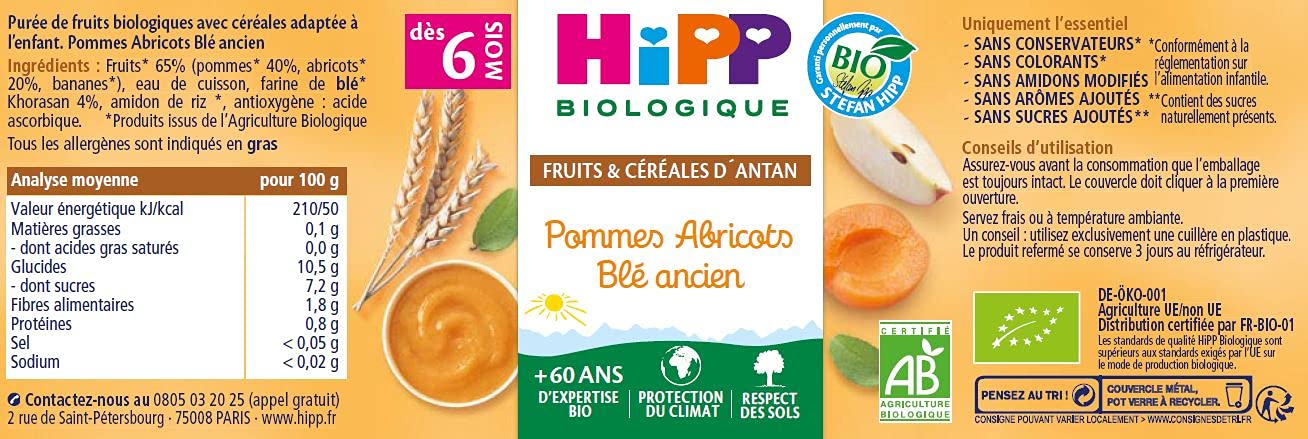 hipp-biologique-pommes-abricots-bl-ancien-pots-2x190g-d-s-6-mois-lot-de-24-pots- image 3
