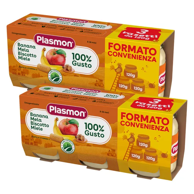 plasmon-la-merenda-banana-mela-biscotto-e-miele-lot-de-2-packs-de-3-x-120-g-720- image 1