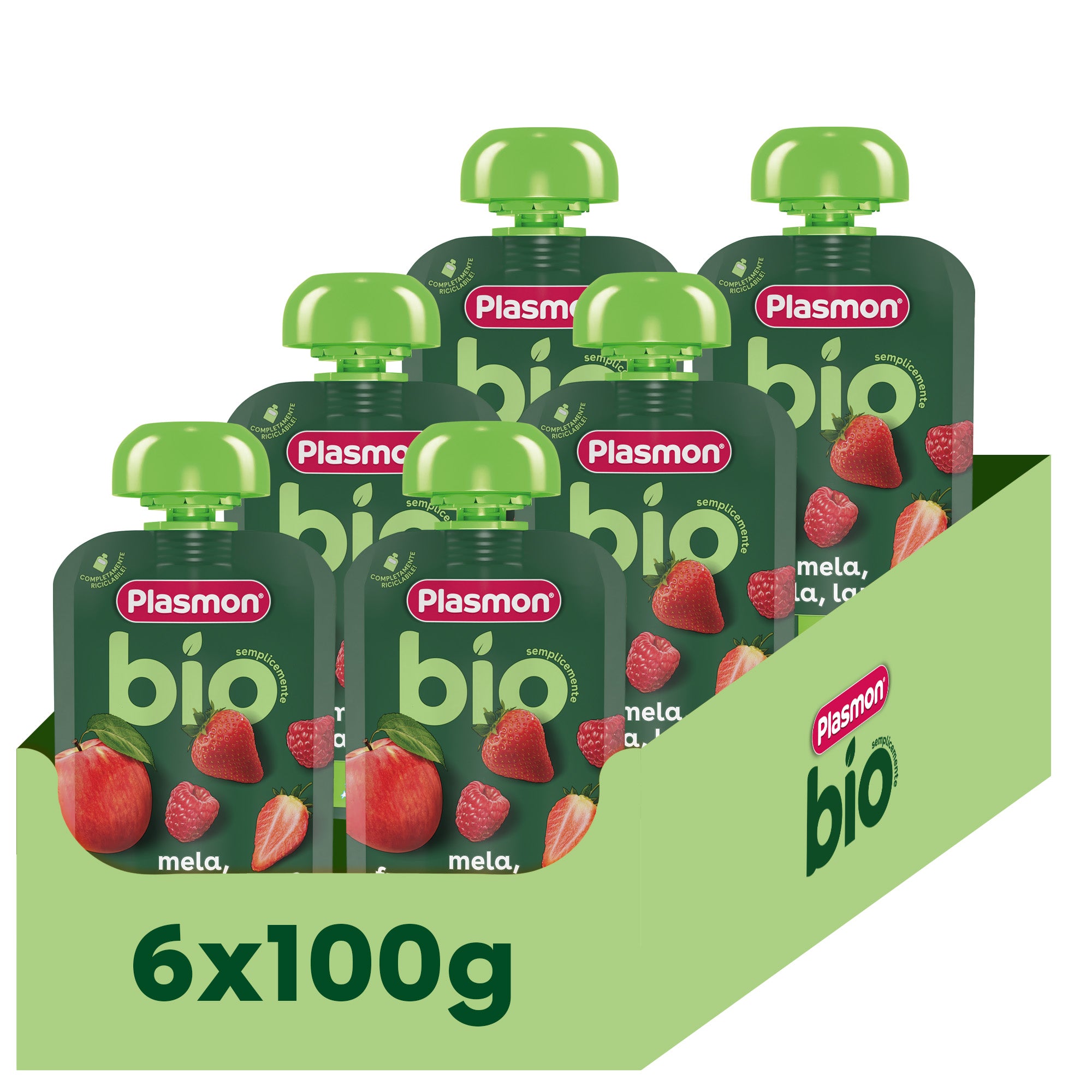 plasmon-bio-frullato-100-frutta-biologique-pomme-fraise-et-framboise-6x100g image 1