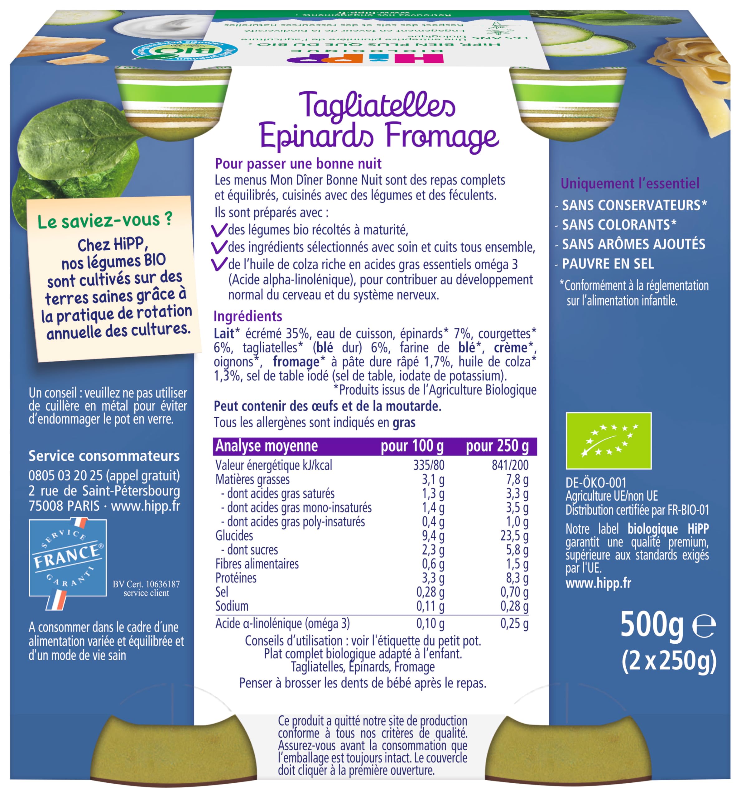 hipp-mon-d-ner-bonne-nuit-tagliatelles-pinards-fromage-bio-pots-2x250g-lot-de-6 image 2