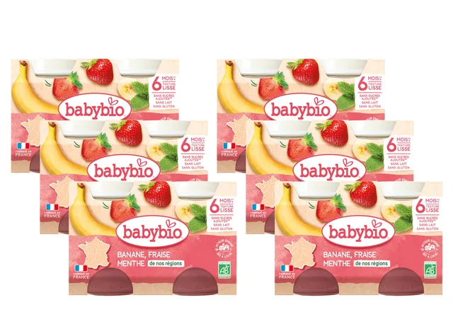 babybio-petits-pots-banane-fraise-menthe-2x130-g-d-s-6-mois-bio-pack-de-6 image 1