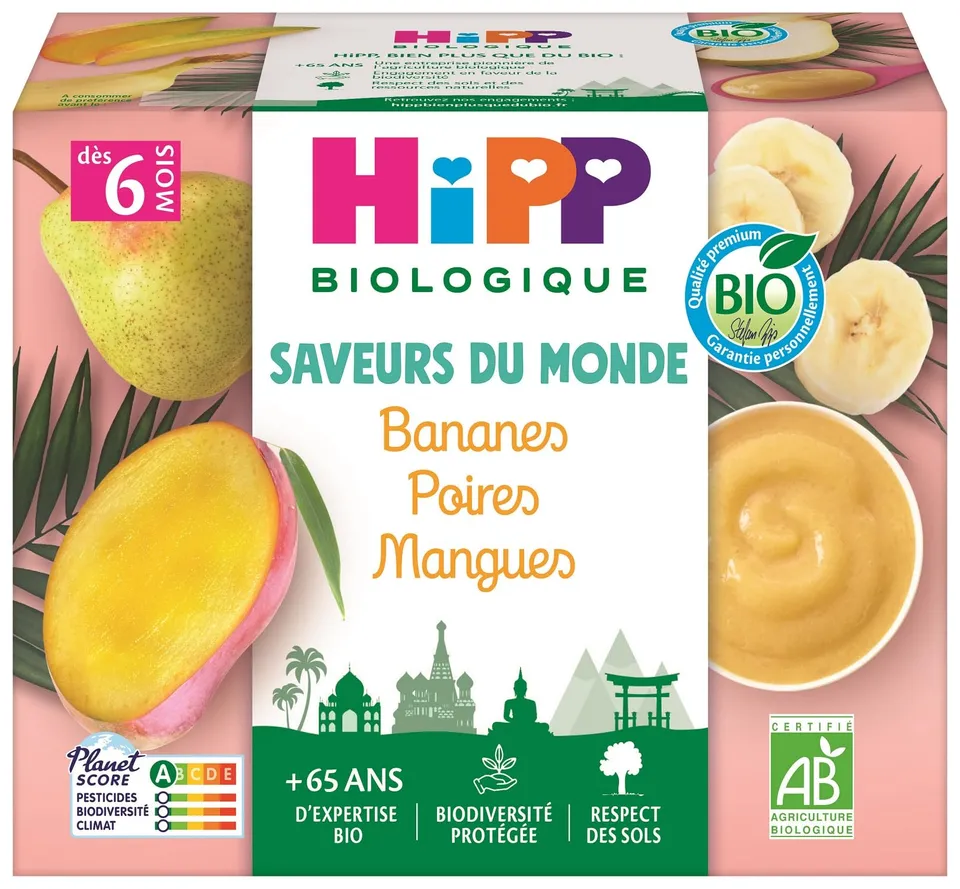 hipp-saveurs-du-monde-bananes-poires-mangues-bio-4-coupelles-x-100g image 1