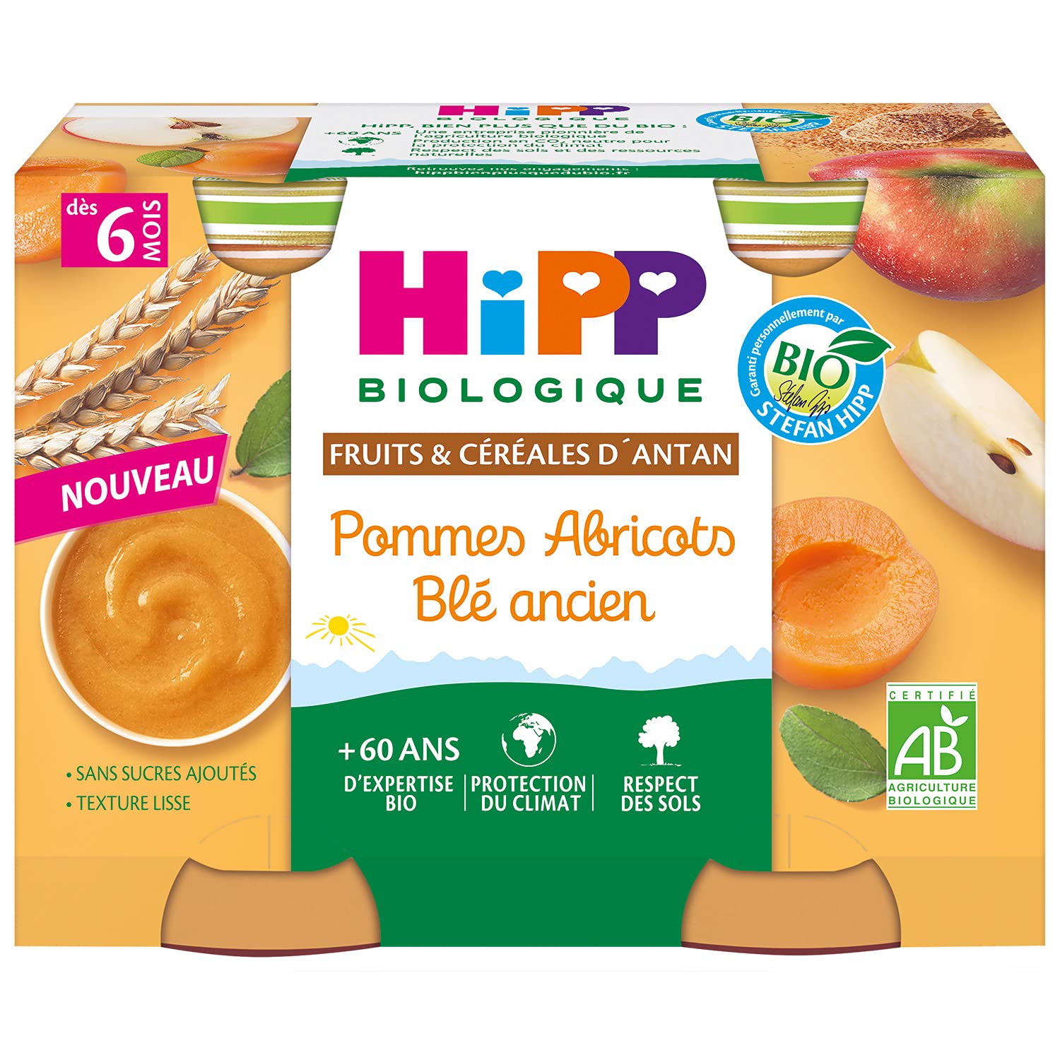 hipp-biologique-pommes-abricots-bl-ancien-pots-2x190g-d-s-6-mois-lot-de-24-pots- image 2