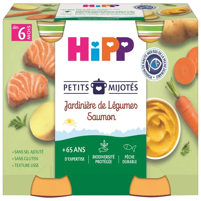 hipp-petits-mijot-s-jardini-re-de-l-gumes-saumon-petits-pots-bio-d-s-6-mois-2-x- image 1
