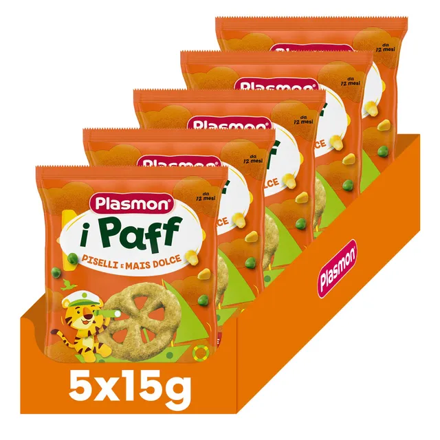 plasmon-snack-i-paff-piselli-e-mais-5x15g-snack-b-b-d-s-12-mois image 1