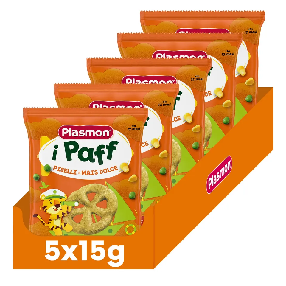 plasmon-snack-i-paff-piselli-e-mais-5x15g-snack-b-b-d-s-12-mois image 1