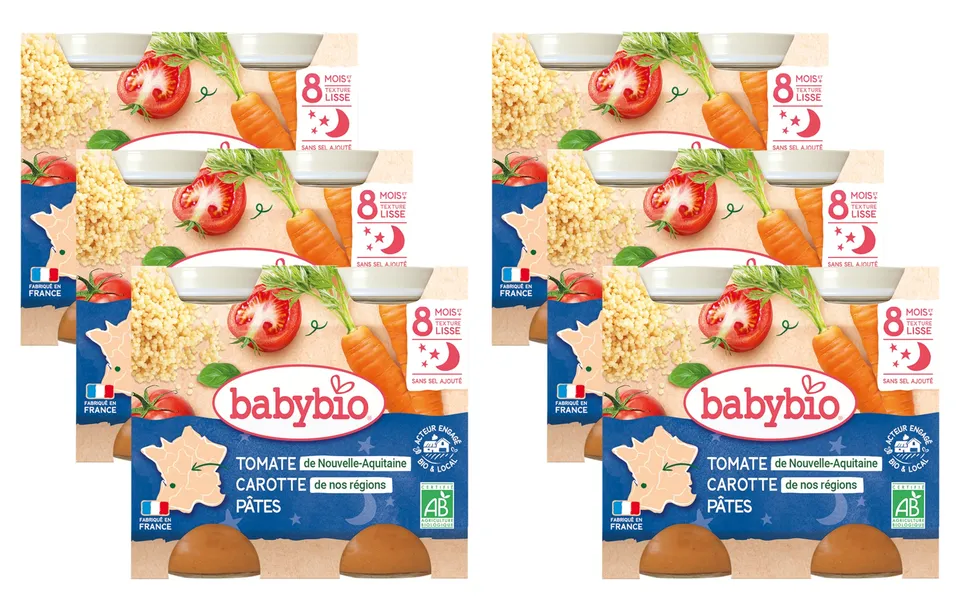 babybio-petits-pots-compot-e-de-carottes-tomate-p-tes-bio-8-mois-2x200g-lot-de-6 image 1