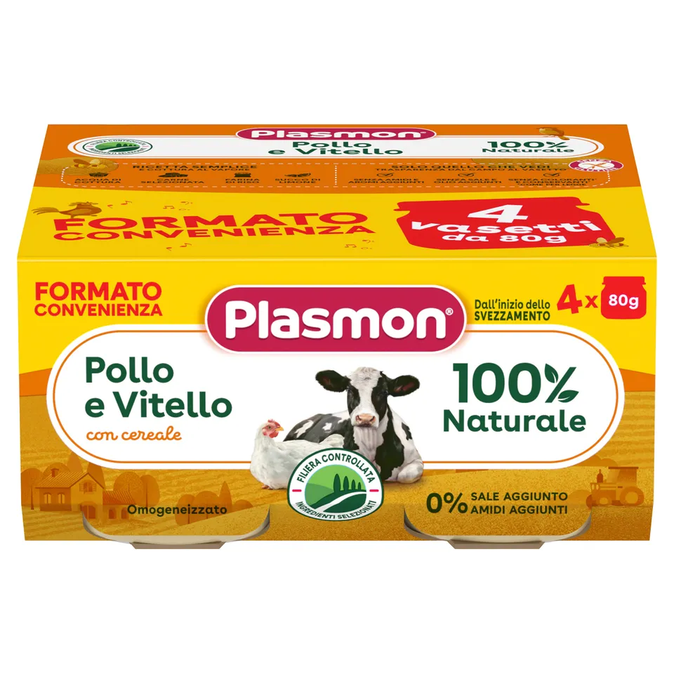 plasmon-omogeneizzato-carne-pollo-vitello-e-cereale-petit-pot-poulet-veau-b-b-4x image 1
