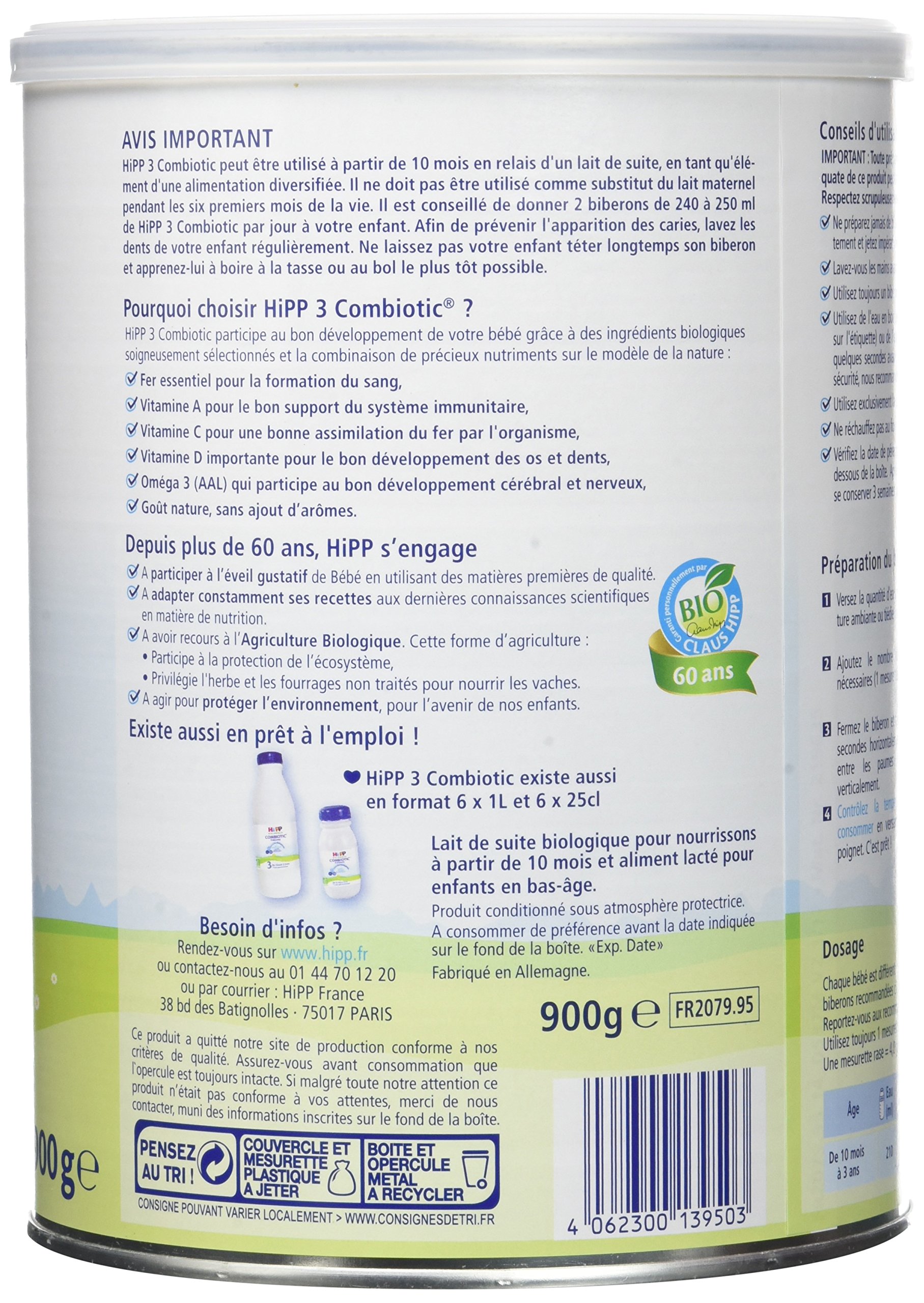 hipp-biologique-lait-3-combiotic-croissance-d-s-10-mois-3-bo-tes-de-900-g image 2