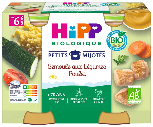 hipp-petits-mijot-s-bio-semoule-l-gumes-poulet-pots-2x190-g image 1