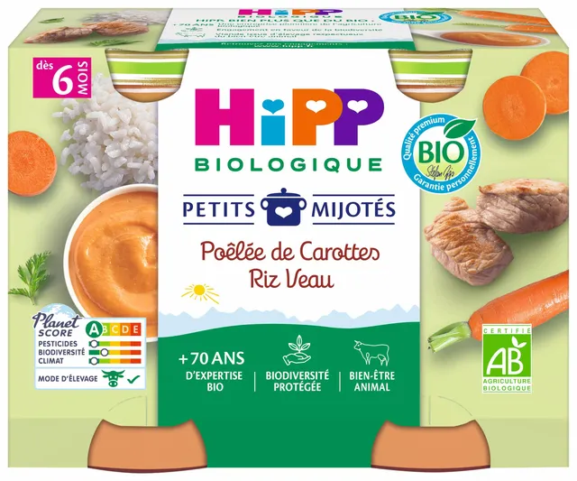 hipp-petits-mijot-s-bio-po-l-e-de-carottes-riz-veau-2-x-190-g image 1
