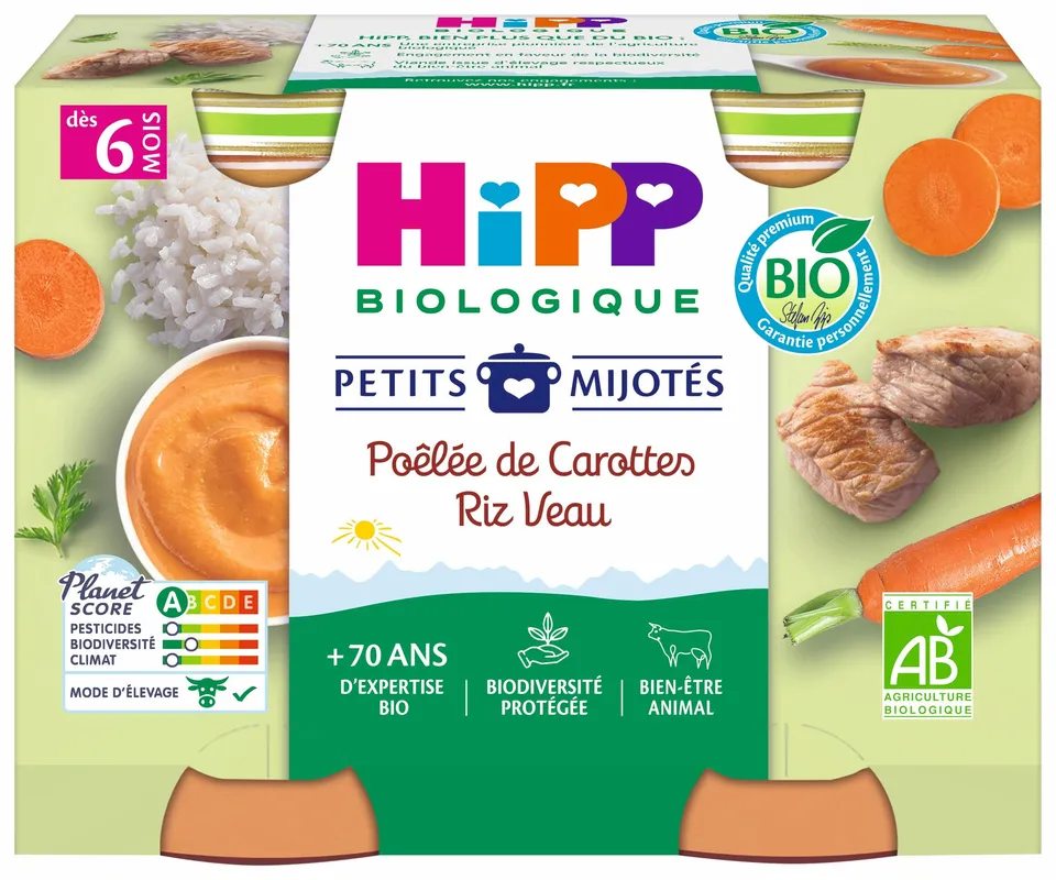 hipp-petits-mijot-s-bio-po-l-e-de-carottes-riz-veau-2-x-190-g image 1