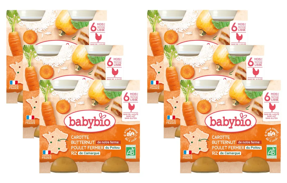 babybio-petits-pots-carotte-courge-butternut-poulet-riz-2x200-g-d-s-6-mois-bio-l image 1