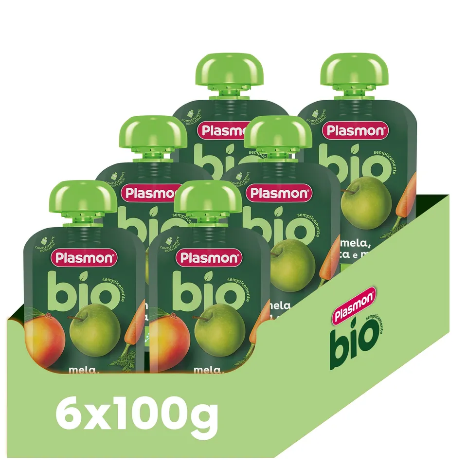 plasmon-frullato-bio-pomme-carotte-mangue-gourde-compote-b-b-bio-6x100g image 1