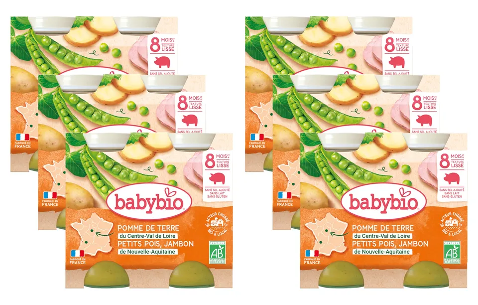 babybio-petits-pots-pomme-de-terre-petits-pois-jambon-bio-8-mois-2x200g-lot-de-6 image 1