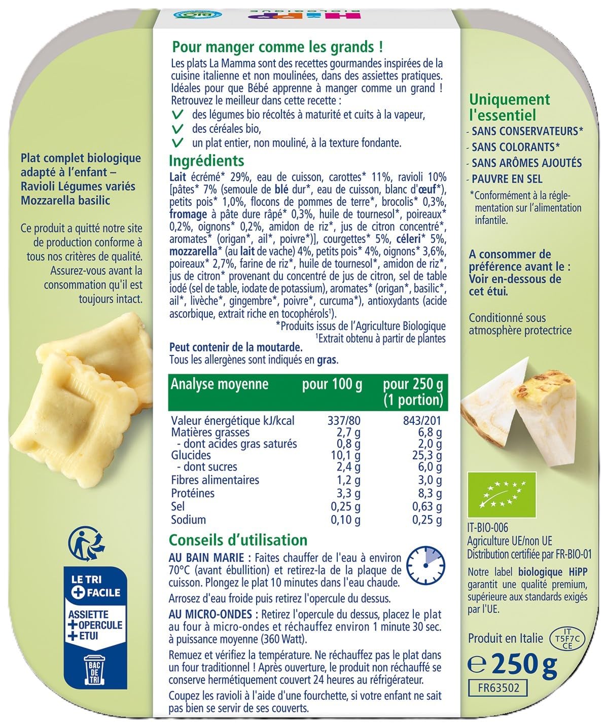 hipp-la-mamma-ravioli-l-gumes-vari-s-mozzarella-basilic-assiettes-bio-6-x-250g image 2