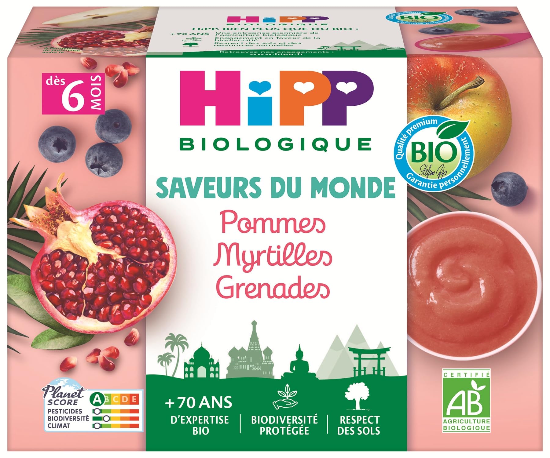 hipp-saveurs-du-monde-coupelles-pommes-myrtilles-grenades-bio-4x100g image 1