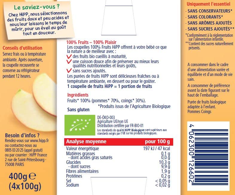 hipp-pommes-coings-bio-d-s-4-6-mois-4-coupelles-de-100-g-pack-de-6-24-coupelles image 5
