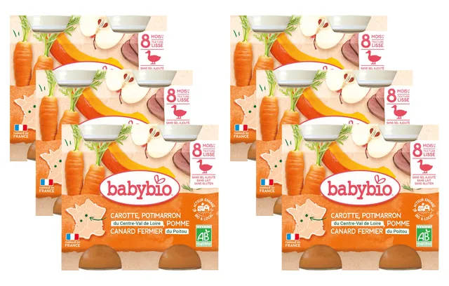 babybio-petits-pots-carotte-potimarron-pomme-canard-fermier-du-poitou-2x200-g-lo image 1