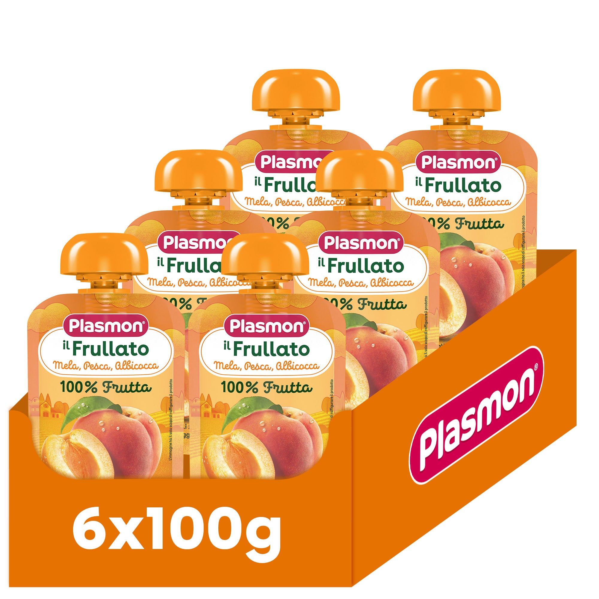 plasmon-frullato-100-frutta-mela-albicocca-e-pesca-compote-b-b-6x100g image 1