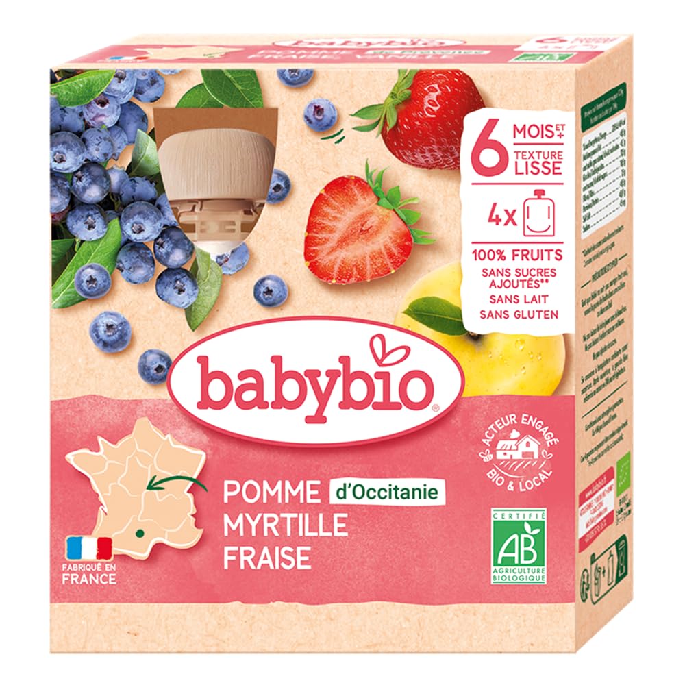 babybio-gourdes-fruits-bio-6-mois-pomme-myrtille-fraise-4x90g image 1