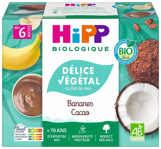 hipp-d-lice-v-g-tal-banane-cacao-coco-bio-4-coupelles-de-100g image 1
