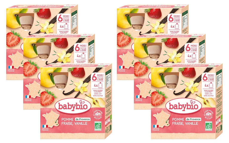 babybio-gourdes-pomme-fraise-vanille-bio-d-s-6-mois-sans-sucres-ajout-es-4-x-90g image 1
