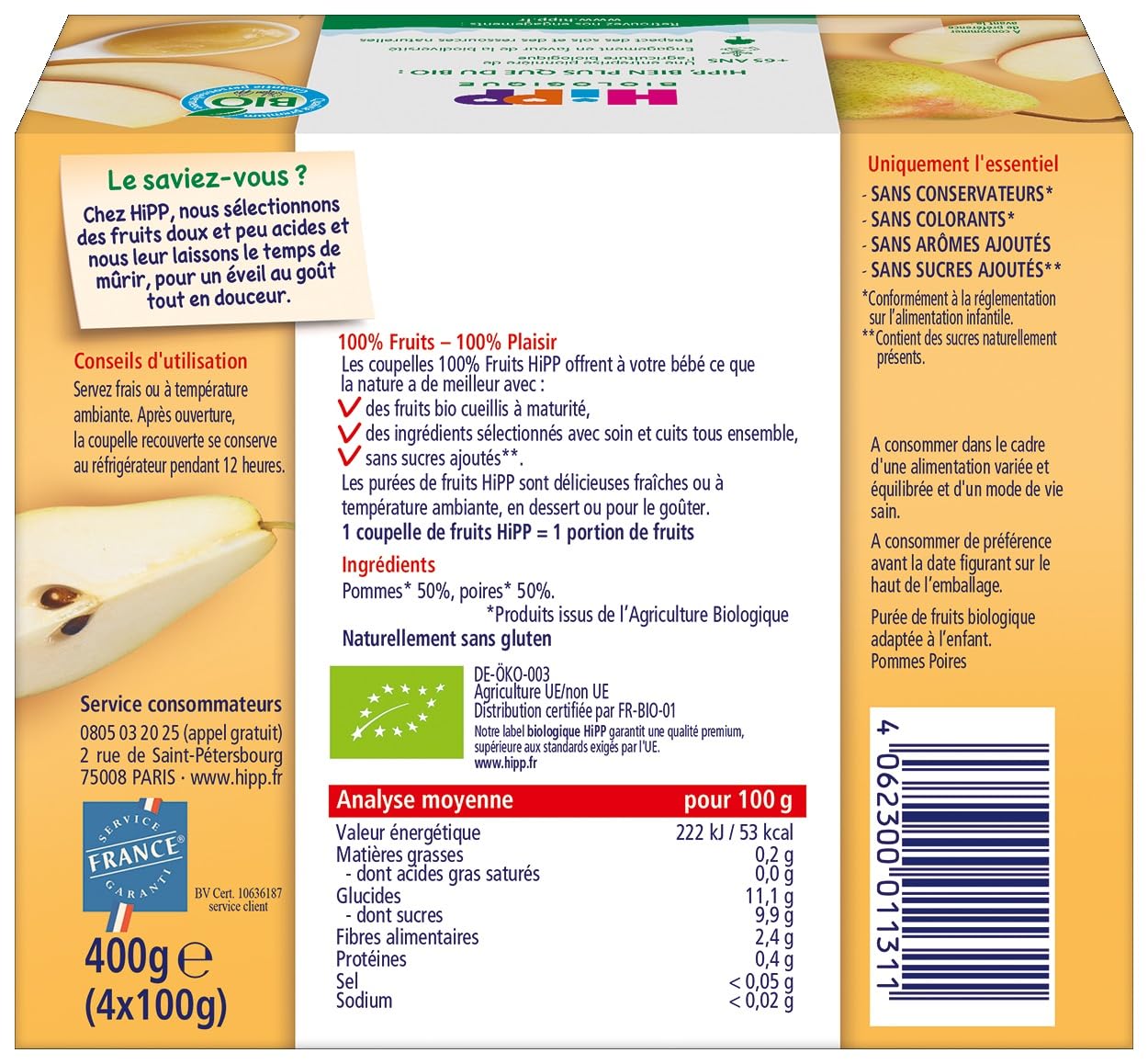 hipp-100-fruits-pommes-poires-bio-d-s-4-6-mois-coupelles-4x100g-lot-de-6 image 2