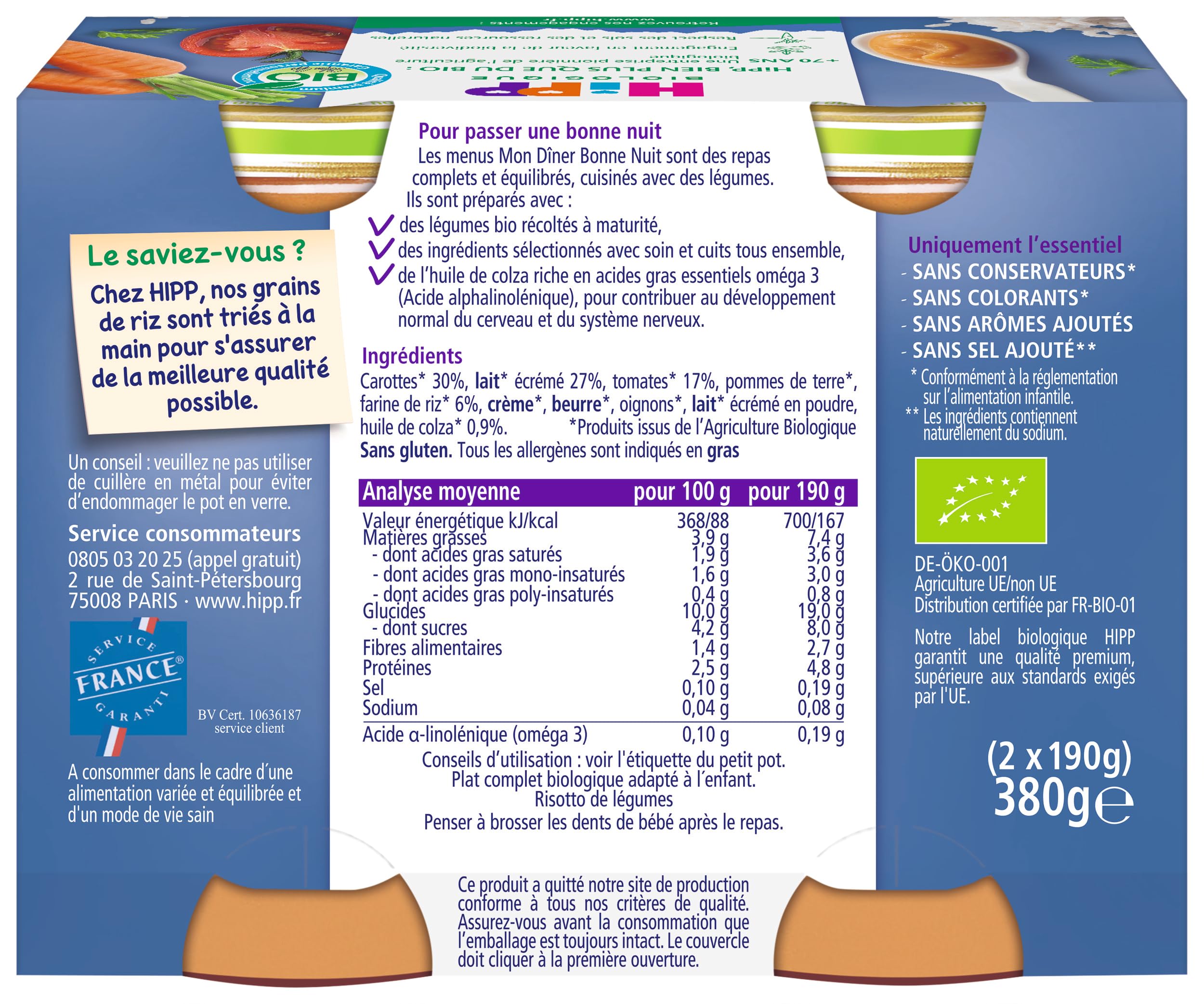 hipp-mon-d-ner-bonne-nuit-risotto-de-l-gumes-bio-d-s-8-mois-lot-de-12-pots-de-19 image 2