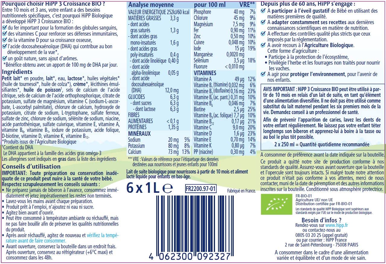 hipp-lait-croissance-bio-combiotic-d-s-10-mois-3-ans-6-x-1l image 2