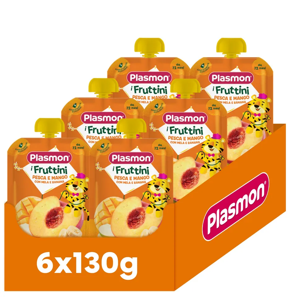 plasmon-i-fruttini-p-che-et-mangue-avec-pomme-et-banane-6x130g image 1