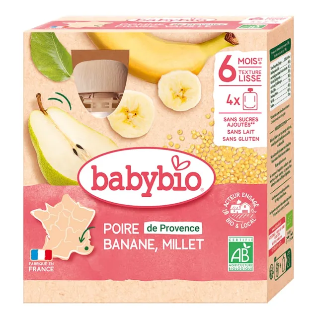 babybio-gourdes-fruits-poire-de-provence-banane-millet-4x90-g-6-mois-bio image 1