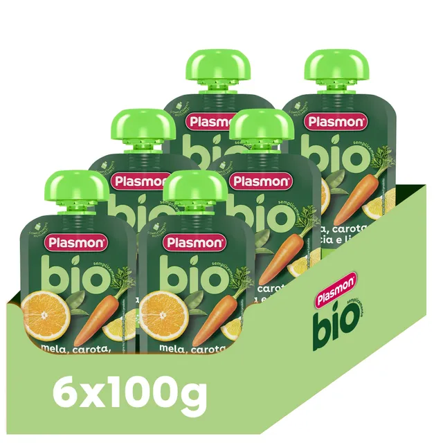 plasmon-bio-smoothie-100-fruits-pomme-carotte-orange-et-citron-6x100-g image 1